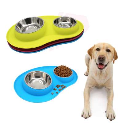 dog/Cat Food and Water Bowl Stainless Steel Pet Comfort Feeding Bowl with No-Spill Anti-Slip Silicone Mat for Set of 2 Bowls